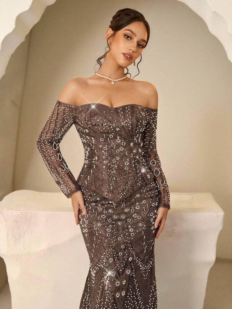 Coutiva فستان سهرة رسمي أنيق للخريف والشتاء، مكون من قطعتين: قميص كتف واحد أو منحرف الكتف مطرز بالترتر والخرز، وتنورة ذيل سمكة، مناسب لفستان ضيف الزفاف، فستان حفل التخرج، فستان عيد الميلاد، فستان حفلة الخريف والشتاء، فستان مهرجان الموسيقى - بني - مشاهدة 6