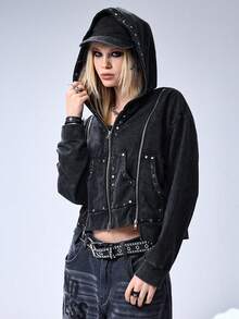 ROMWE Grunge Punk Punk Metal Nit Design Beskuren Lös Hoodie För Damer - Svart - Visa 7