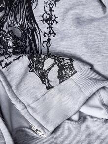 ROMWE EDITION Áo nỉ dáng rộng in họa tiết biểu tượng mạng Y3K, phối lông giả, cổ áo lông thú, dành cho nữ. - Xám - Xem 9