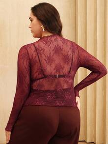 Anewsta Plus Size Women Slim Fit Sexy Sheer Lace Long Sleeve Top - Red - View 2