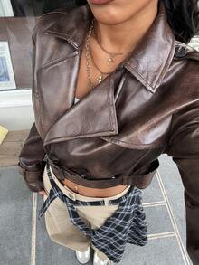 SHEIN EZwear 女士新款复古PU短款风衣，秋冬百搭，适合外出、返校、街头风、朋克风和Y2K风格。 - 棕色 - 查看 5