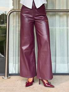 Bearsaez Pantalones rectos de piel de poliuretano color borgoña para una cita - Burdeos - Ver 5