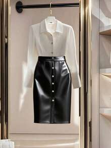 Rafferiza Black & White Contrast Color Block PU Leather Casual Slim Fit Work Commute Dress Fall Cloth For Women - Black and White - View 1