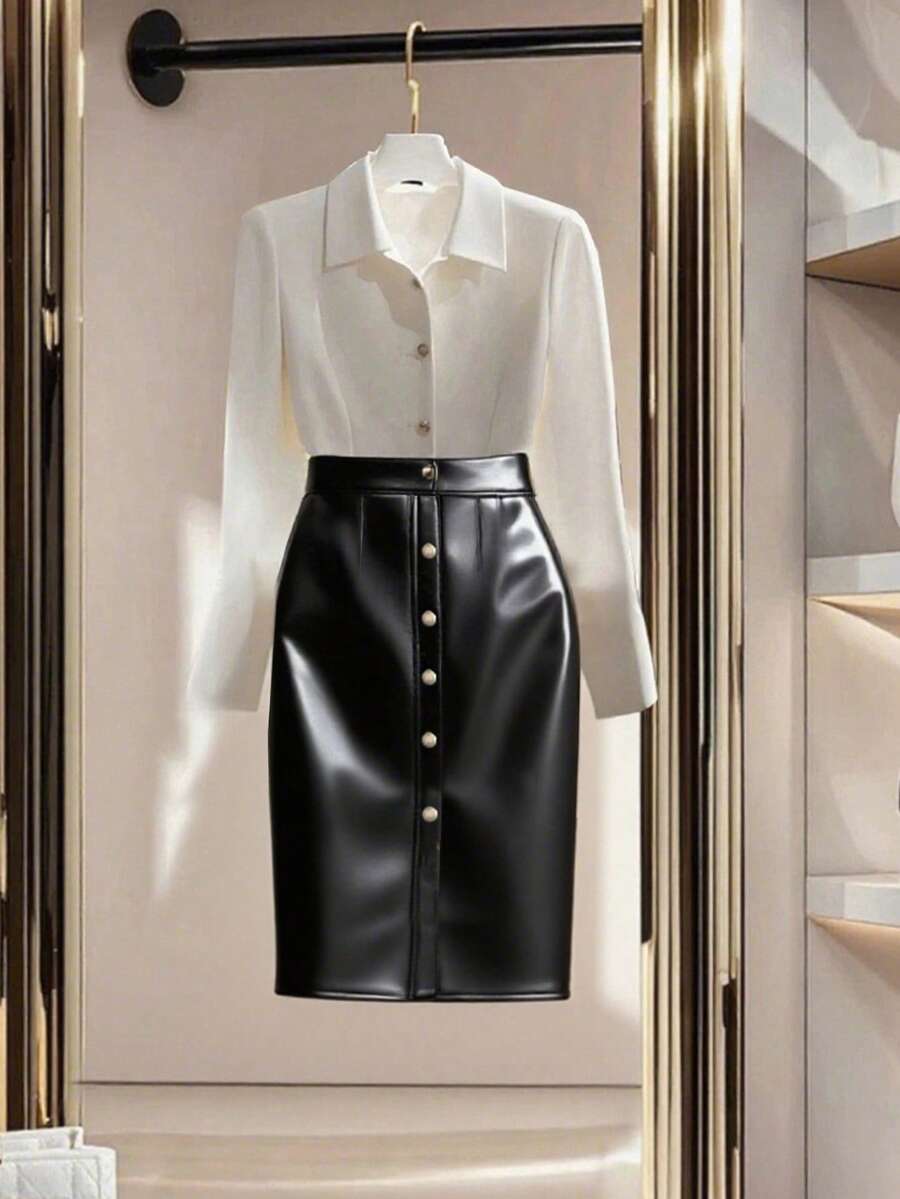 Rafferiza Black & White Contrast Color Block PU Leather Casual Slim Fit Work Commute Dress Fall Cloth For Women - Black and White - View 1