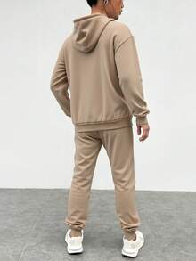 Dos conjuntos de pantalones de suéter elegantes para mujeres - suéter de capucha con cordón de extracción, 100% tejido de poliéster suave y ligero, bolsillo de canguro con pantalones elásticos, adecuado para varias ocasiones - marrón claro - Ver 3