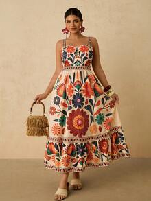 Travachic 大码女式杏色热带花卉印花连衣裙，长吊带连衣裙，适合早春穿着 - 杏色 - 查看 2