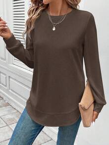 SHEIN LUNE 女士休闲舒适圆领不对称下摆华夫格纹理基本款运动衫女士棕色上衣棕色长袖上衣深棕色上衣巧克力棕色上衣秋冬棕色华夫格针织上衣