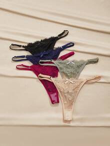 Charlaine 5条/包 女士低腰蕾丝丁字裤，随机心形图案 - 彩色 - 查看 5