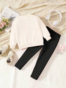 Cozy Fall & Winter Styles Baby Girls Casual Fashion Creative Personalized Fresh Minimalist Cute Kawaii Cartoon Leopard Rabbit Leopard Bow Faux Pearl Milk Tea Pink Heart Starry Pattern Print Casual Basic Crew Neck Sweatshirt And Leggings Set, Comfortable Outfit - Multicolor - View 3