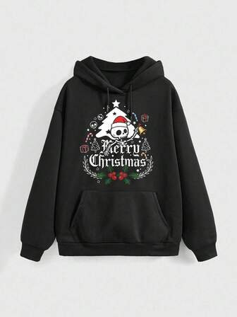 sweat-shirt à capuche ample noir imprimé avec crâne gothique sombre, cadeau de Noël et du Nouvel An mignon pour femmes