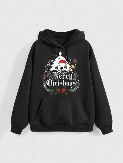 Goth Gothic Dark Skull Christmas Holiday Cute Gift New Year Loose Fit Black Printed Hoodie Sweatshirt For Women