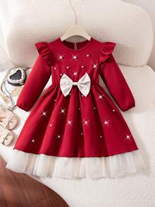 Glamorique Kids 1pc Girls Autumn New Round Neck Flutter Sleeve Ruffle Hem Long Sleeve Red Solid Color Fabric Spliced Apricot Waist Apricot Bow Splice Back Water Drop Big Bow Decor Party Birthday Christmas Valentine Princess Dress