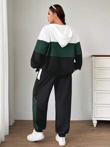 SHEIN EZwear 2 件套大码运动休闲撞色标语印花运动衫夹克 + 裤子运动服，秋冬 - 墨綠色 - 查看 2