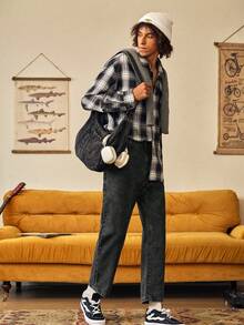 Quần jeans nam ống đứng màu xanh nhạt đã qua xử lý, quần jeans nam dáng rộng, phong cách retro Y2K, đơn giản và dễ phối đồ, thích hợp cho mùa xuân đến hè. - Màu xám đen - Xem 7