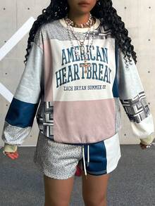 INAWLY Color Block Oversized Crew Neck Long Sleeve Sweatshirt + Shorts Set - Multicolor - View 3