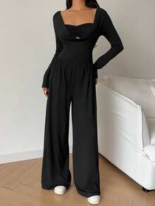 SHEIN MOOSTA 女士休闲两件套深V领长袖连体裤，秋季款 - 黑色 - 查看 7