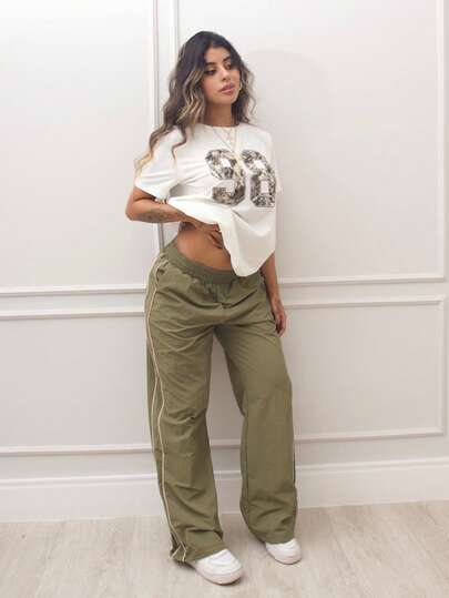 Rayane Ketlyn Pantalones con pierna acampanada, cintura elástica y ribete de contraste, para aeropuerto, casual, primavera, verano, lindo estilo 90s y Y2K, otoño, invierno, vuelta al colegio, Navidad