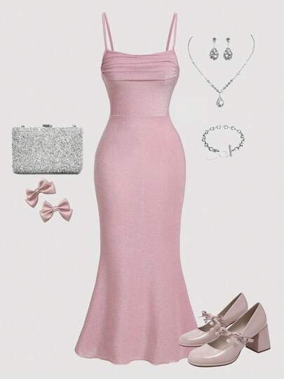 SHEIN فستان بنات المراهقات وردي داكن مطوي ذيل سمكة طويل، فستان حفلة رأس السنة الجديدة، فستان وردي لحفلة رأس السنة والأعياد، فستان وردي، فستان رسمي، فساتين باستيل، فستان عيد الميلاد