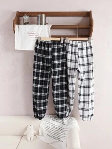 2件套女童优雅经典格子弹力腰裤，百搭舒适家居服/睡衣套装