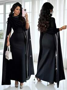 Rafferiza 女士半高领针织紧身弹力腰带鱼尾雪纺连衣裙，饰以珍珠点缀，秋冬季服装，户外穿着，时尚优雅，适合日常穿着、婚礼、宴会、通勤、毕业派对、节日活动、度假、约会、聚会、万圣节、圣诞节、新年和感恩节等场合。 - 黑色 - 查看 1