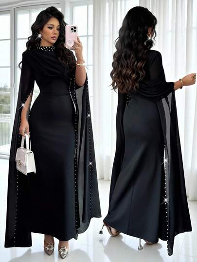 Rafferiza Women's Semi-High Neck Knitted Tight Elastic Waist-Cinching Fishtail Chiffon Wrapped With Pearl Decoration Dress, Autumn And Winter Clothing, Outdoor Wear,Fashionable And Elegant, It Is Suitable For Daily Wear, Weddings, Banquets, Daily Commutes, Graduation Parties, Festival Events, Vacations, Dates, Parties, Halloween, Christmas, New Year And Thanksgiving