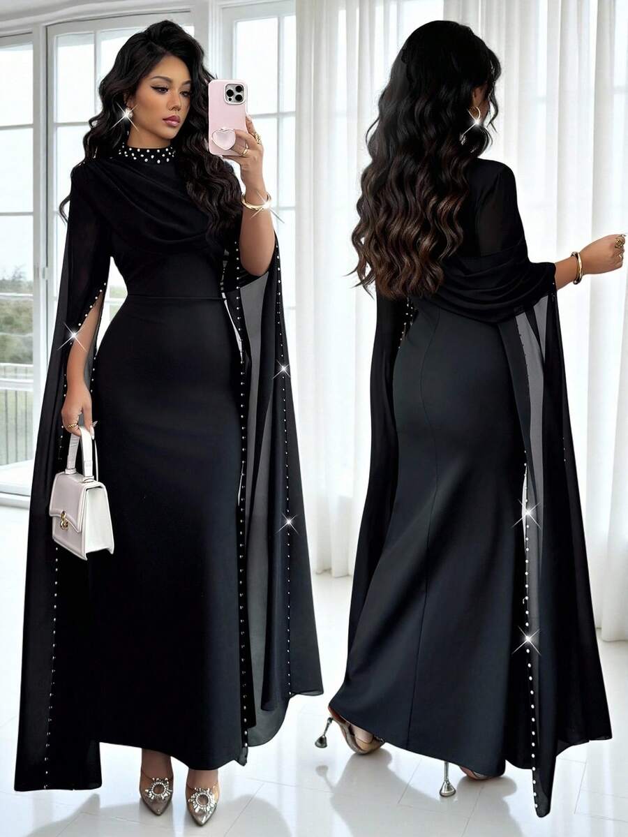 Rafferiza 女士半高领针织紧身弹力腰带鱼尾雪纺连衣裙，饰以珍珠点缀，秋冬季服装，户外穿着，时尚优雅，适合日常穿着、婚礼、宴会、通勤、毕业派对、节日活动、度假、约会、聚会、万圣节、圣诞节、新年和感恩节等场合。 - 黑色 - 查看 1