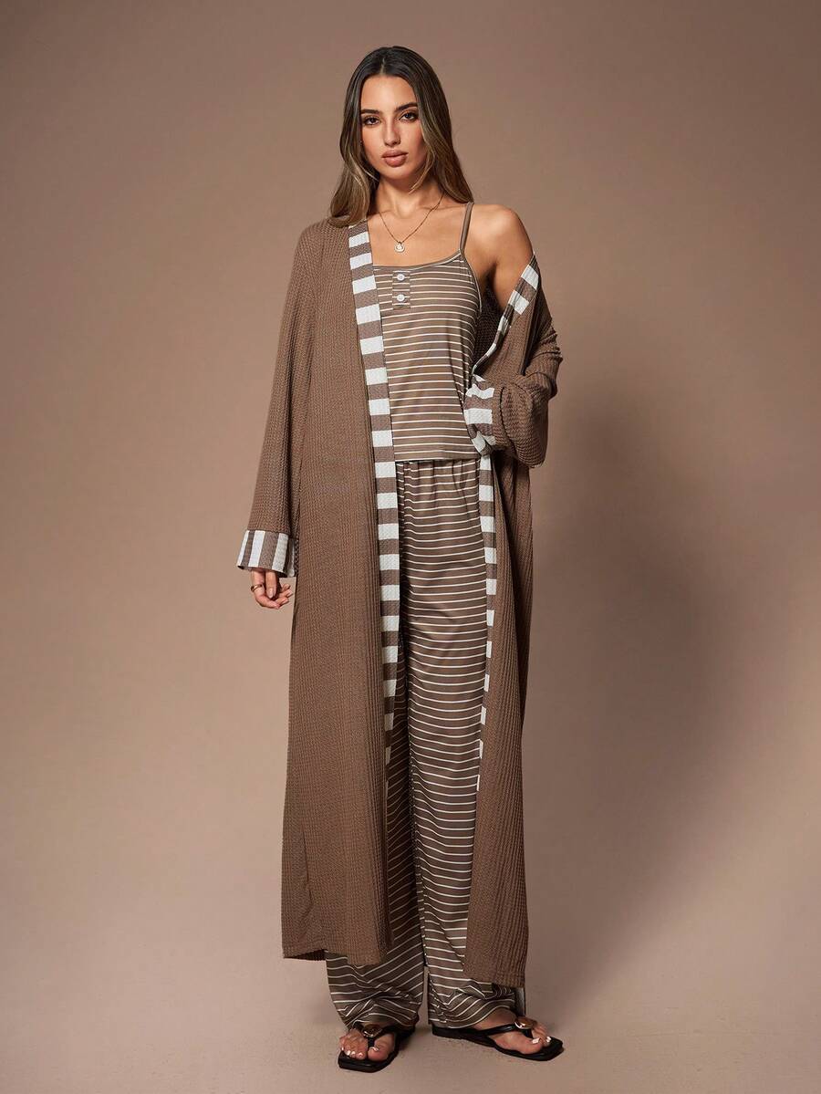 Lazeform 3pcs Women Sleepwear Pajama Set: Striped Print Long Sleeve Robe, Fitted Camisole, And Long Pants, Casual American Style, Fall & Winter Clothes - Brown - View 1