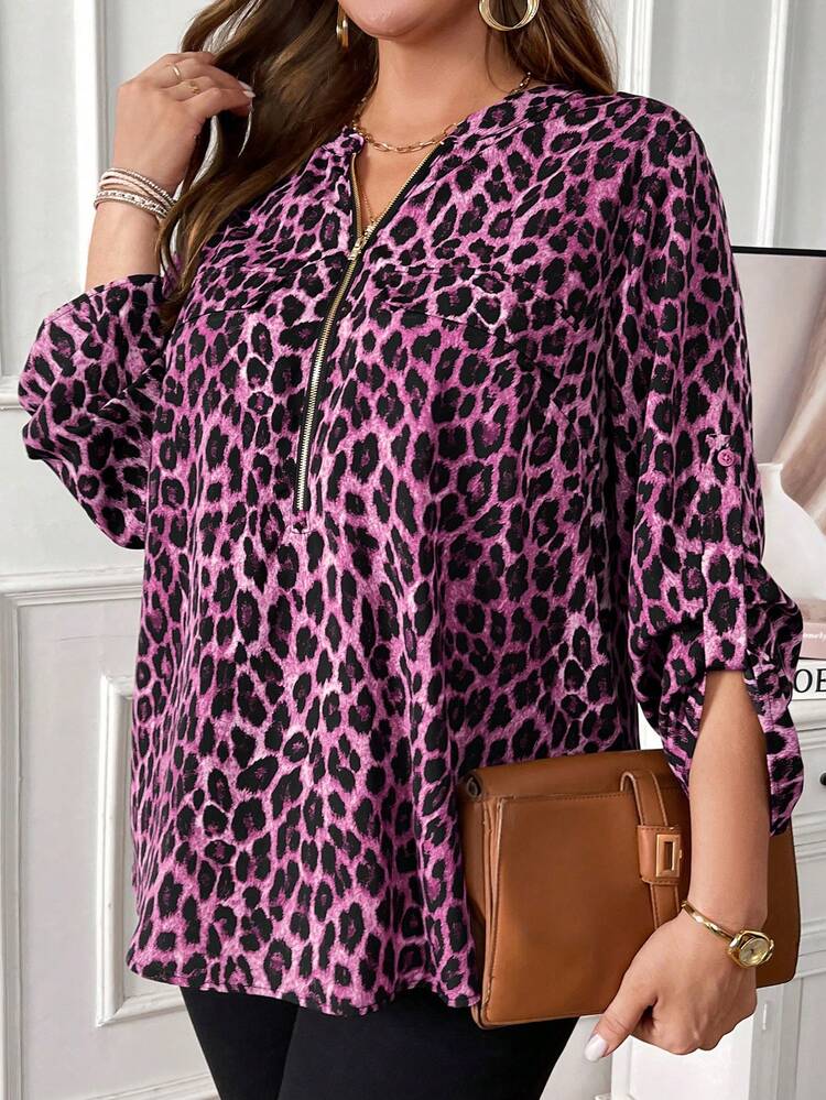Plus Size Leopard Print Half-Zip Casual Pullover Shirt Valentine's Day Elegant Dress Women/Summer/Spring/Vacation
