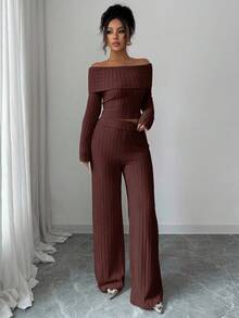 SHEIN Elenzya Women's Ribbed Brushed Off-Shoulder Top & Pants, Elegant Minimalist Casual 2-Piece Set For Date, Daily Wear, Party, Autumn/Winter - Brown - View 3