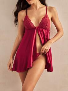 Charlaine Conjunto de camisola sexy feminina de 2 peças: vestido de alças finas e calcinha fio dental. - Borgonha - Ver 2