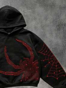 ROMWE MEN Street Life Spring/Summer Casual Graphic Men'S Sparkling Diamond Spider Web Print Casual Hooded Sweatshirt - Black - View 3