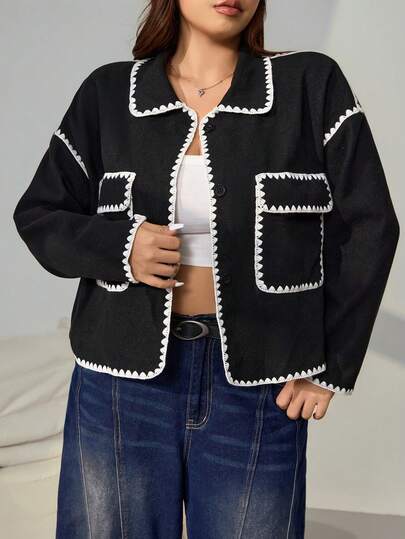 SHEIN EZwear Plus Size Colorblock Pocket Casual Tweed Jacket, Autumn/Winter