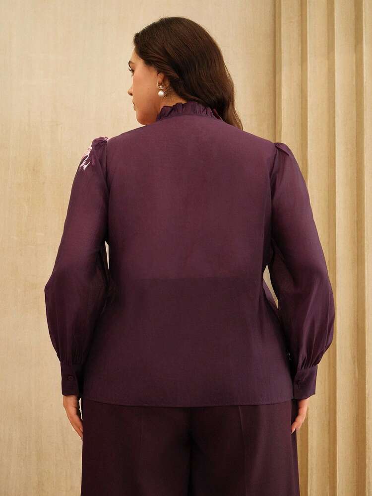 Blusa de mujer talla grande con cuello con volantes y flores 3D de encaje, adecuada para Navidad, Año Nuevo, primavera y otoño