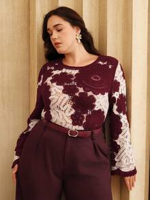 Anewsta Suéter de manga larga elegante con estampado floral hidrosoluble y bloques de color - Burdeos - Ver 6