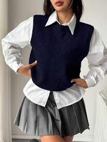 EMERY ROSE 女士纯色圆领休闲宽松针织背心，秋冬 - 藍色 - 查看 4