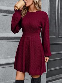 EURMUSE Damska jednokolorowa sukienka dzianinowa z okrągłym dekoltem, opadającymi ramionami i długim rękawem, na co dzień, jesień/zima