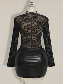 SHEIN ICON 大码女式蕾丝拼接喇叭袖衬衫 - 黑色 - 查看 2