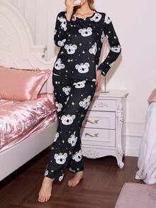 可爱考拉卡通印花圆领女式睡衣套装，可爱睡衣，考拉睡衣，可爱睡衣套装，卡哇伊睡衣，女式睡衣，冬季服装 - 彩色 - 查看 3