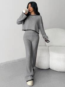 SHEIN 2pcs Teen Girl Casual Comfortable Matching Sweater & Pants Set, Contrast Color Trim - Grey - View 5