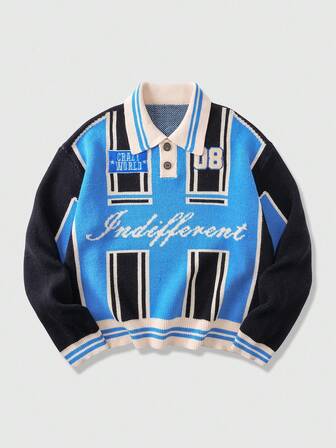 Prep Herren Lässig Everyday Farbblock Buchstaben Muster Strickpullover, Herbst/Winter