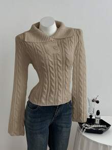 Elamini Women's Casual Loose Solid Color Cable Knit Sweater, Autumn/Winter - Khaki - View 4