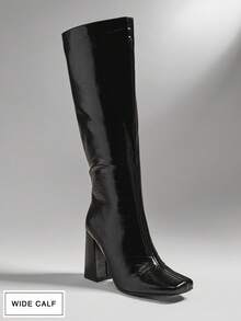 SHUZIA Women's Glamorous Wide-Calf Square Toe Block Heel Knee-High Boots With Inner Zipper For Christmas Valentine's Day - Black - View 6