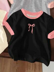 SHEIN Happikins 4pcs/Set Kaos Lengan Pendek Leher Bulat Minimalis Kasual untuk Bayi Perempuan, Cocok untuk Musim Semi & Musim Panas - MultiWarna - View 4