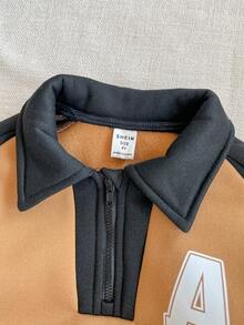 PrepCrw 2pcs/Set Boys' Collegiate Style Letter Print Contrast Color Polo Collar Long Sleeve Sweatshirt And Sweatpants Set - Khaki - View 3