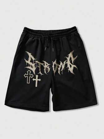 Goth Men's Letter & Cross Print Drawstring Waist Casual Shorts
