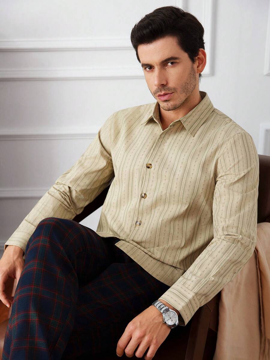 Core Aspect Old Money Style,Vintage Gentleman,Men's New Style Shirt Featuring Multicolor And Contrast Stitching Design, Paired With A Turn-Down Collar And Button Details. Suitable For Urban Casual Commuting And Dating. Men's Linen-Textured Minimalist Casual Long-Sleeve Shirt, Cotton-Blend Shirt, Men's Textured Shirt, Men's Button-Down Shirt. - Apricot - View 1