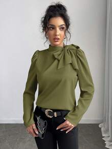 Rafferiza 女式纯色优雅百搭系带领泡泡袖衬衫 - 軍綠色 - 查看 7