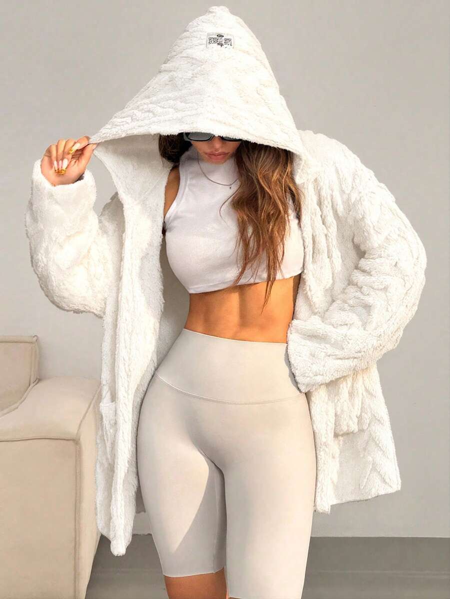 SHEIN EZwear 冬季宽松休闲白色打孔绒面落肩口袋拼接长袖连帽外套 - 米色 - 查看 1