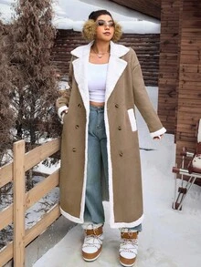 CovetEZ Plus Size Retro Fluffy Collar Long Sheepskin Coat, Autumn And Winter Fall - Khaki - View 6