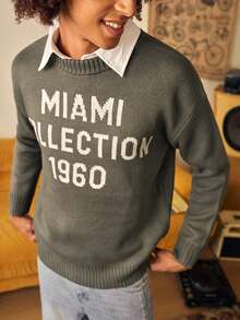 Open Phase 男士休闲宽松套头毛衣，饰有美式英语图案，圆领，长袖，适合春、秋、冬三季穿着，可日常搭配，是送给男友/老公的理想礼物。 - 綠色 - 查看 6